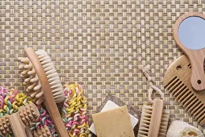 Close Up View From Above Drucke: Classical bathroom accessories on wicker background with copyspace