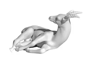 European Classical Art Drucke: Classical white marble statue of a deer on a white background