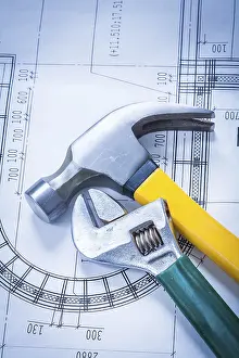 Claw Hammer Detail View Drucke: Claw hammer adjustable key on construction plan maintenance concept