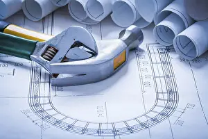 Claw Hammer Detail View Drucke: Claw hammer adjustable spanner and blueprint rolls construction concept
