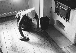 Black And White Interior Photo Drucke: Cleaning the floor back then