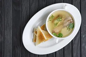 Healthy Beef Meal Drucke: Clear beef broth with egg and toasts