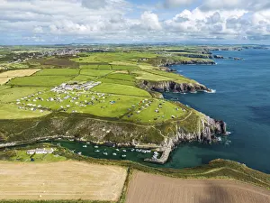 Drone Photography Wales Drucke: Cliffs and Fields over Porthclais from a drone
