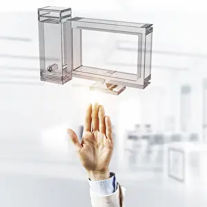 Cloud Computing Concept Drucke: Close of businessman hands touching glass cloud computing concept