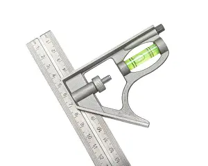 Isolated White Background Drucke: Close Up Construction Tools Part Of Square Ruller With Construction Level Isolated White