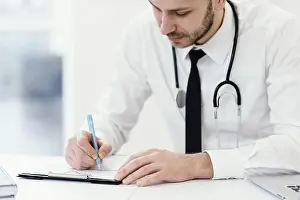 Business Attire Man Drucke: Close up doctor writing