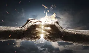Aggressive Body Language Drucke: Close up of two fists hitting each other over dramatic sky background