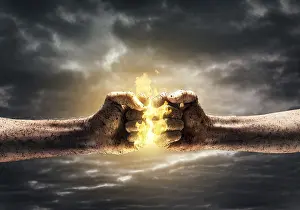 Aggressive Body Language Drucke: Close up of two fists hitting each other over dramatic sky background