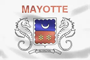Drucke von Ein detaillierter Blick auf das Flaggenmotiv von Mayotte, einer französischen Überseegebiet und Region. Zwei Delphine und eine Mondphase sind in der Symbolik des Wappens vertreten Seepferdchen Drucke: Flagge der Region Mayotte in großer Aufnahme