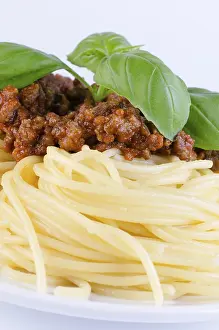 Close Up Pasta Drucke: Close up pasta with meet and basil leaf