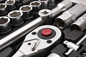 Factory Plant Equipment Drucke: Close up shot of kit of metallic tools as background