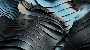 Modern Building Illustration Drucke: Close up of smooth, metallic wave patterns with blue light reflections