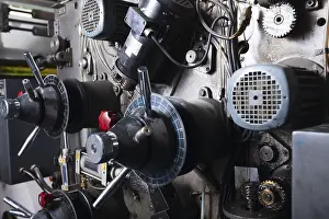 Industrial Equipment Drucke: Close-up on complex detail of typography machine