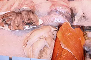 Refrigerated Seafood Counter Drucke: Close-up of a fish counter