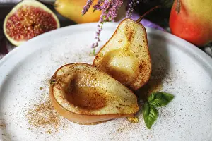 Tropical Fruit Still Life Drucke: A close-up of a pear cut in half