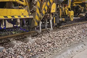 Railway Track Construction Drucke: Close-up of technical devices working on train tracks