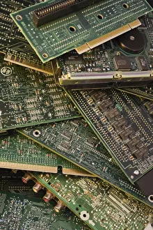 Studio Shot Technology Drucke: Close-up of various green electronic computer circuit boards with microchips