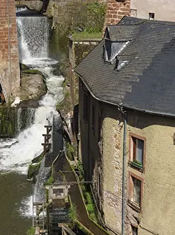Deserted Old Building Europe Drucke: Close-up of a waterfall and an old mill on a river