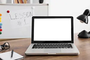 Contemporary Office Job Scene Drucke: Close up workplace with laptop