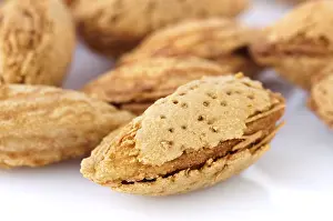 Studio Shot Of Almonds Drucke: Closeup view of roasted almonds in shell