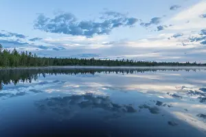 Drucke von Wolkenspiegel in einem Waldsee, Norrbotten, Lappland, Schweden, Juli 2017 See Drucke: Wolkenreflex in einem Waldsee.