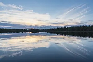 Drucke von Wolkenreflex in einem Waldsee, Norrbotten, Lappland, Schweden, Juli 2017 See Drucke: Wolkenreflex in einem Waldsee.