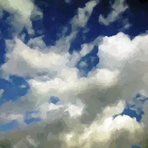 Decorative Illustration Drucke: Clouds over a blue sky painted background