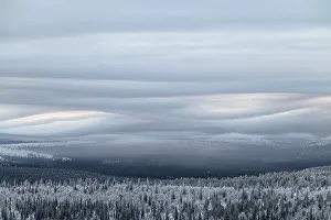 Cloudy Atmospheric Photography Drucke: Clouds over forested mountain ranges