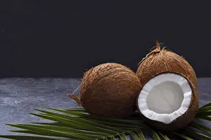 Balanced Diet Concept Image Drucke: Coconut over black rustic background