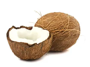 Tropical Fruit Image Drucke: Whole coconut and half isolated on white background