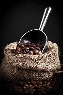 Studio Shot Coffee Bean Drucke: Coffe beans spilling from burlap bag