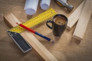 Construction Concept Image Drucke: Coffee break of carpenter construction concept