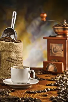 Dark Table Setting Drucke: Coffee items on table