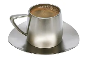 White Background Coffee Drucke: Coffee in a metal cup on a white background