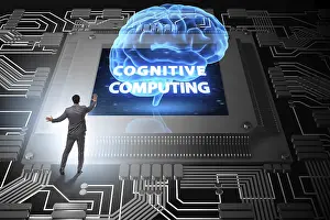 Artificial Intelligence Symbolic Image Drucke: Cognitive computing concept as future technology with businessman