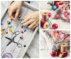 Needlework Accessories Drucke: Collage with accessories for needlework and beads