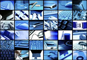 Symbolic Digital Picture Drucke: Collage of blue-toned technology items including computers