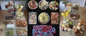 Bavarian Food Drucke: Collage with a cold buffet on a black background