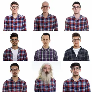 Gray Background Portraits Drucke: Collage of men in different ethnicities against gray background
