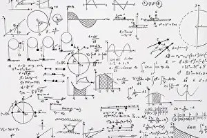 Monochrome Photography Drucke: A collection of mathematical equations on a wall