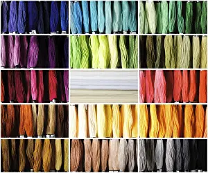 Handicraft Studio Setup Drucke: Color threads and canvas for embroidery