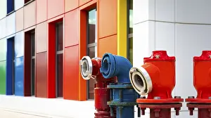 Deserted Fire Scene Drucke: Colored hydrants with colored building in background