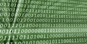 Cyber Crime Protection Drucke: Colorful digital binary data digits and streaming binary code background with light beams