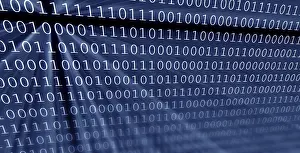 Cyber Crime Protection Drucke: Colorful digital binary data digits and streaming binary code background with light beams