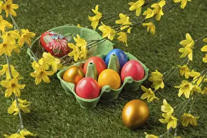 Decorated Easter Eggs Drucke: Colourful Easter eggs in a box on green grass