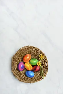Colourful Food Photography Drucke: Colourful Easter eggs in Easter nest