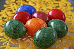 Easter Egg Still Life Photography Drucke: Colourful Easter eggs, felt decoration, Easter