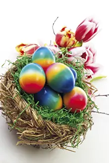 Traditional Easter Symbols Drucke: Colourful painted Easter eggs in a nest