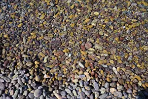 Lambi Beach Greece Drucke: Colourful pebbles in the water with different textures and patterns