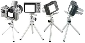 White Background Studio Photography Drucke: Compact digital cameras on mini tripod set